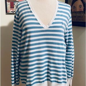 Ralph Lauren Pima Cotton V Neck Sweater L Baby Blue White Striped Lightweight